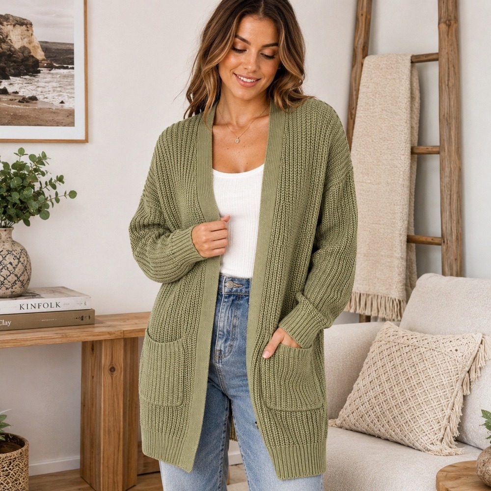 ASOS Womens Olive Green Longline Shaker Knit Cardigan Sweater Size US 2
